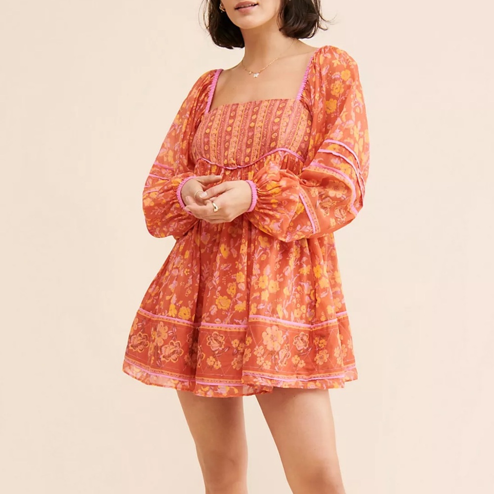 Free People Endless afternoon floral boho puff sleeves babydoll mini dress